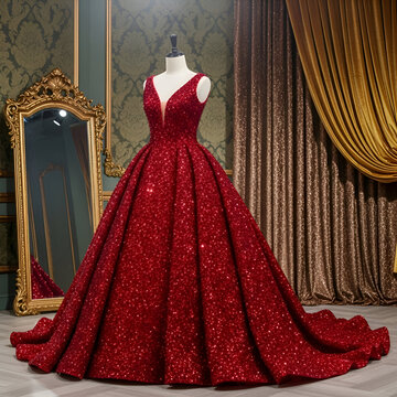 Stunning red sequin ballgown sparkles under elegant lighting, perfect for prom night, quincea&ntilde;era, or a glamorous red carpet event