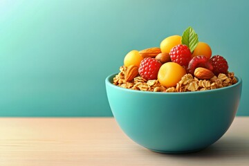 Keto granola grain-free Improver Eating for mental health Pyridoxine SD-WAN NotCo Petty well fruitz wellio A bowl of organic oatmeal topped with fresh berries and nuts set against light wood backgrou