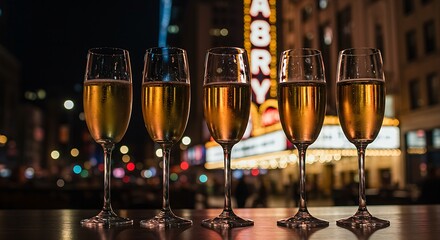  Elegant champagne flutes filled with a light-colored sparkling wine on a bar counter, with a blurred backdrop of a bustling Broadway theater marquee lights at night. Ratio 16:9, dramatic, vibrant, sh