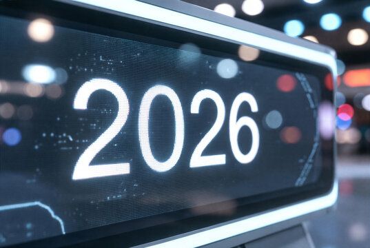Close-up of digital LED display screen showing year 2026 with pixel texture and bokeh background