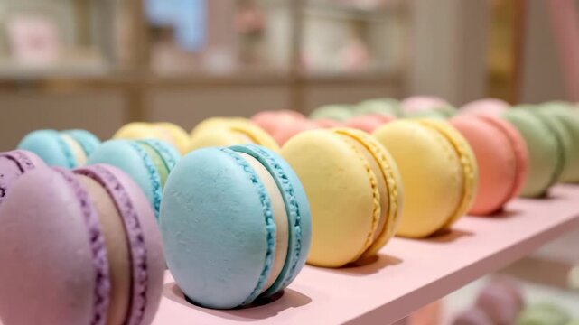 Colorful Macarons on a Pink Shelf in a Bakery