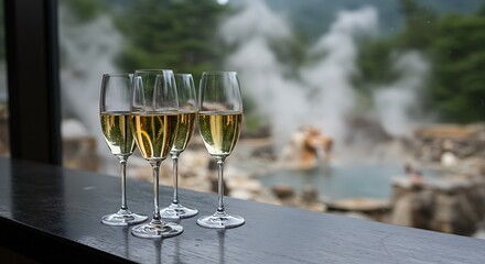  Elegant champagne flutes filled with a light-colored sparkling wine on a bar counter, with a blurred backdrop of a bustling Broadway theater marquee lights at night. Ratio 16:9, dramatic, vibrant, sh