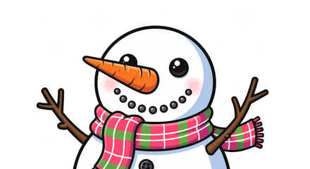 Cute Cartoon Snowman with Carrot Nose and Plaid Scarf, Winter Holiday Cheer