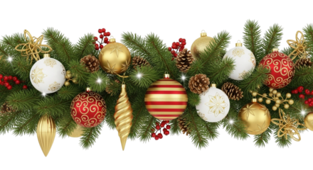 Festive christmas garland border decoration with shiny gold, red, and white ornament baubles, pine cone, and green fir branch isolated on transparent background