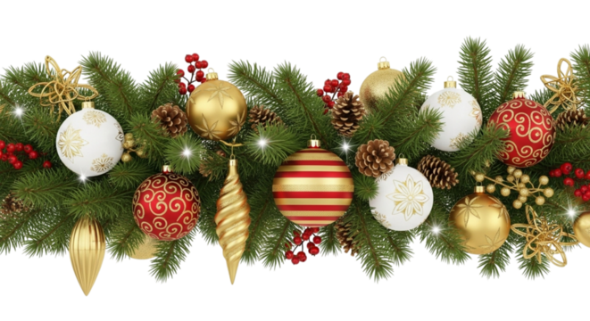 Festive christmas garland border decoration with shiny gold, red, and white ornament baubles, pine cone, and green fir branch isolated on transparent background