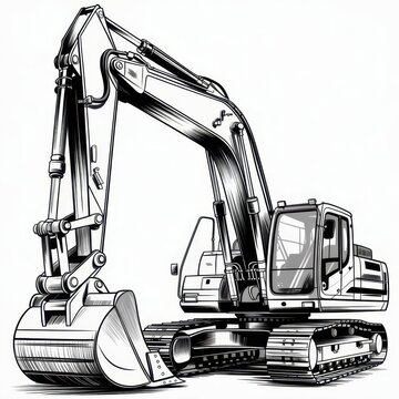 Excavator construction machinery heavy equipment digger backhoe loader vector line art drawing