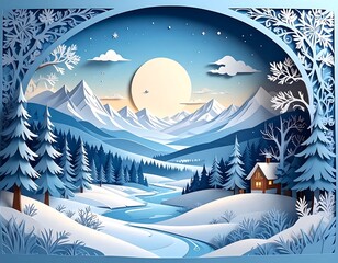 A Beautiful Winter Wonderland Landscape with Snow-Capped Mountains and a Cozy Cabin