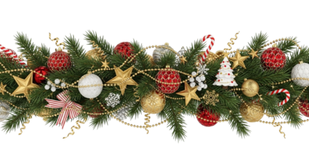 Festive christmas garland border decoration with green fir branches, red and gold baubles, stars, candy canes, and transparent background isolated on transparent background
