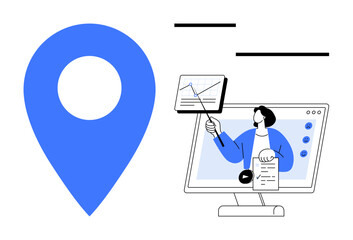 Navigation concept. Location marker alongside a digital presenter conducting an online presentation and data analysis. Navigation aids business strategies and remote teaching. Perfect for education