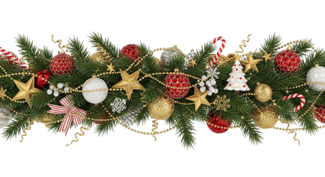 Festive christmas garland border decoration with green fir branches, red and gold baubles, stars, candy canes, and transparent background isolated on transparent background