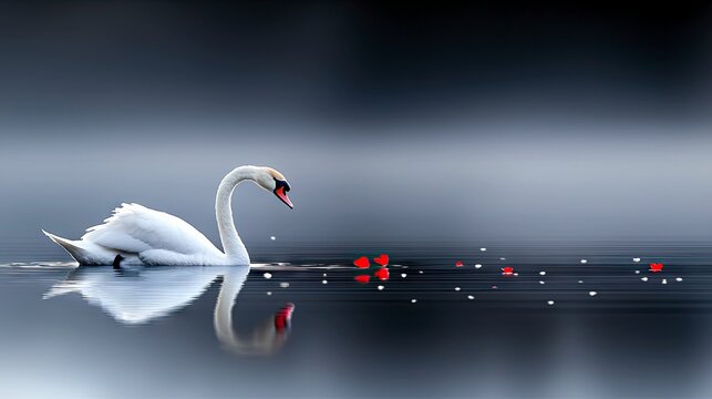 A solitary white swan swims on a tranquil body of water, with red petals floating on the surface and its reflection visible.