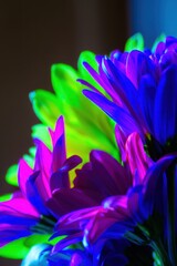 Fototapeta premium Vibrant floral arrangement with neon blue and green petals closeup