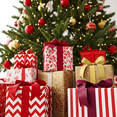 Elegant Christmas presents stacked high under a festive, glowing tree perfect for holiday promotions and seasonal social media campaigns