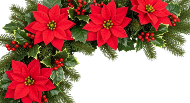 Beautiful arrangement of vibrant red poinsettia flowers with green holly leaves and small red berries, isolated on transparent background for holiday decoration
