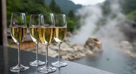  Elegant champagne flutes filled with a light-colored sparkling wine on a bar counter, with a blurred backdrop of a hot spring resort in the mountains with steam rising. Ratio 16:9, tranquil, therapeu