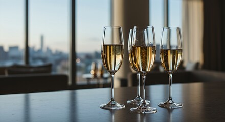  Elegant champagne flutes filled with a light-colored sparkling wine on a bar counter, with a blurred backdrop of a luxury apartment with floor-to-ceiling windows and a breathtaking city view. Ratio 1