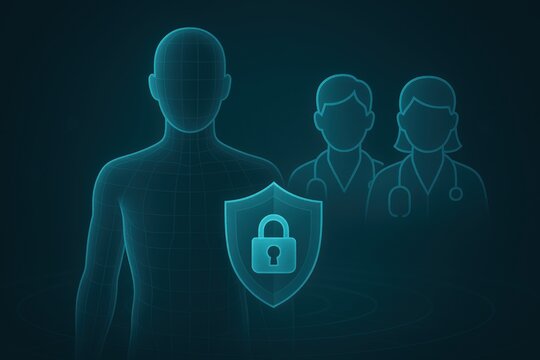 Digital security framework representing human shield with virtual lock symbolizing data privacy in healthcare emphasizing safeguarding personal information integrity