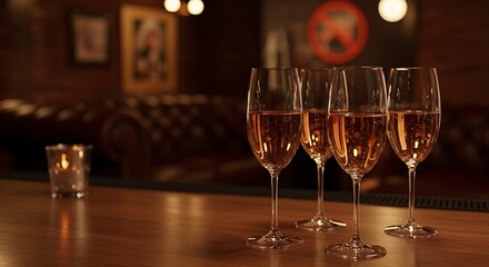  Elegant champagne flutes filled with a light-colored sparkling wine on a bar counter, with a blurred backdrop of a dimly lit speakeasy with vintage d�cor and leather furniture. Ratio 16:9, secret, vi