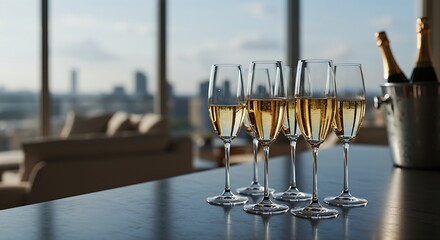  Elegant champagne flutes filled with a light-colored sparkling wine on a bar counter, with a blurred backdrop of a luxury apartment with floor-to-ceiling windows and a breathtaking city view. Ratio 2