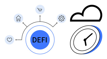 DEFI core linked to shopping, heart, house, gear symbols, accompanied by a clock and a cloud. Ideal for blockchain, technology, innovation finance connectivity time and digital economy. Simple