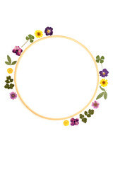 Dried pressed flower leaf abstract wreath on white background. Wooden frame decorative art design for greeting card, logo, invitation. 