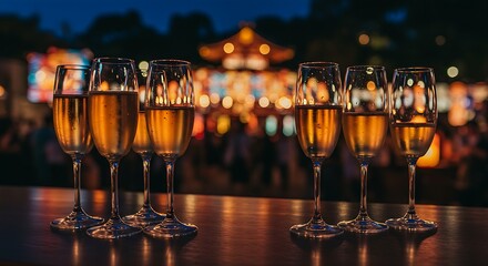  Elegant champagne flutes filled with a light-colored sparkling wine on a bar counter, with a blurred backdrop of a dimly lit speakeasy with vintage d�cor and leather furniture. Ratio 16:9, secret, vi