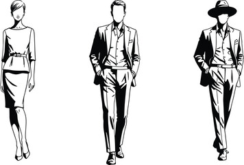 Vector illustration of business people silhouettes, including a standing businessman in a suit and a fashion couple sketch