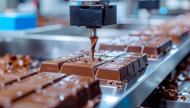 Automated Chocolate Production Line Drizzling Fresh Melted Chocolate
