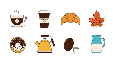 Coffee and pastry icons takeaway cup croissant autumn leaf donut
