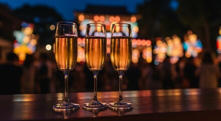  Elegant champagne flutes filled with a light-colored sparkling wine on a bar counter, with a blurred backdrop of a traditional Japanese lantern festival at night. Ratio 16:9, cultural, luminous, sere