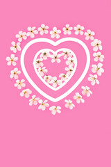 Heart shaped cherry blossom flower Spring wreath frame design for wedding, Mothers day, birthday, Beltane festival on pink background. Romantic symbol of love.