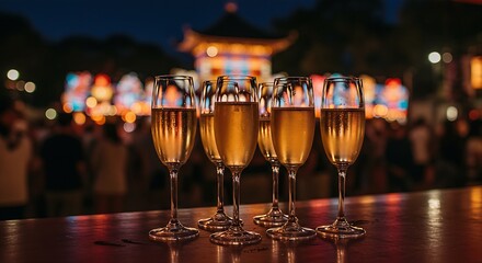  Elegant champagne flutes filled with a light-colored sparkling wine on a bar counter, with a blurred backdrop of a traditional Japanese lantern festival at night. Ratio 16:9, cultural, luminous, sere