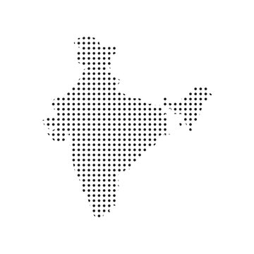 India halftone map vector with dotted country silhouette, black dot pattern outline, modern South Asia geographic abstract design for posters, prints, education, and infographics