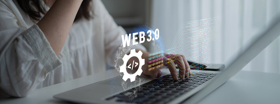 The concept of Web 3.0 development and decentralized data processing. The flow of binary code and information in the next generation internet. Motif