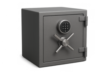 Steel safe box with digital combination lock and handle securely protecting valuables on a transparent background