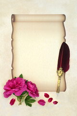 Old fashioned love letter design with  red rose flowers on faded paper scroll on parchment with quill pen. Retro theme for Wedding, Valentines or invitation. Copy space.