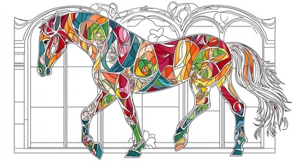 Colorful horse illustration, stained glass style, decorative window background, coloring page, printable art