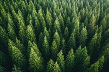 A dense forest of tall, green trees with a mix of coniferous and deciduous species, creating a canopy of leaves and branches that filter the sunlight.