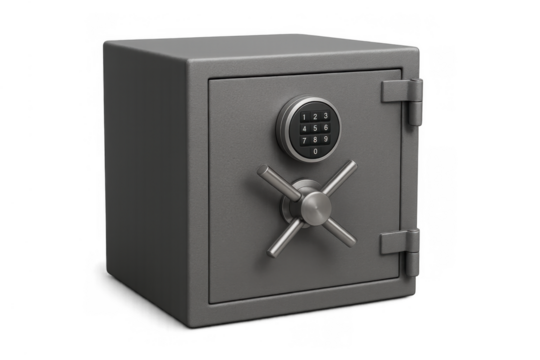Steel safe box with digital combination lock and handle securely protecting valuables on a transparent background