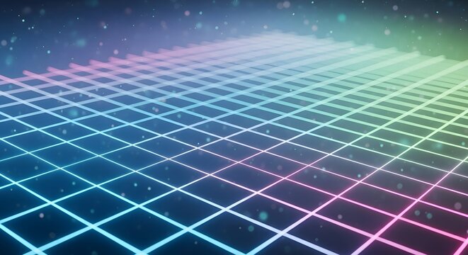 Retro futuristic synthwave background featuring a vibrant neon grid receding into a starry digital cyberspace landscape