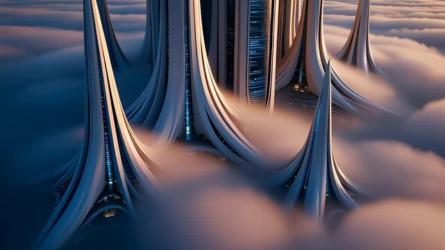 Futuristic white skyscrapers rising above thick clouds in a cinematic 3D animation, illustrating sci-fi utopia concepts.