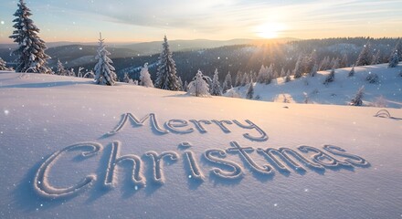 Winter wonderland with Merry Christmas message written in snow with warm sun rays during sunset