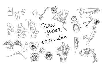 Obraz premium 新年のシンプルな手描きベクターアイコンセット