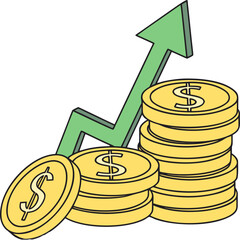 3D gold coin stacks with rising green arrow, transparent background vector representing business growth, revenue increase, and positive financial results.