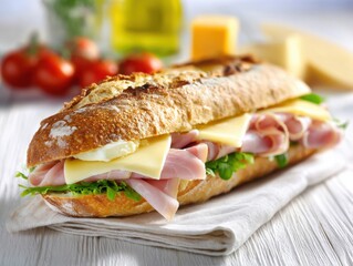 Hearty Ham and Cheese Sandwich on Rustic Baguette with Fresh Greens and Ripe Tomatoes