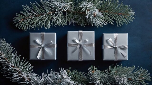 Silver Christmas gifts with frosted pine branches create a joyful holiday spirit, perfect for seasonal marketing and festive campaigns this winter