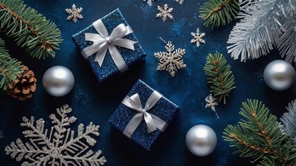 Sparkling Christmas gifts and silver ornaments create a festive holiday mood, perfect for creating magical greeting cards and winter promotions