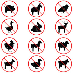 No Animal Products Icons Set – Abstain Meat, No Birds, No Animals, Linear & Flat Vector Pictograms for Web and Mobile