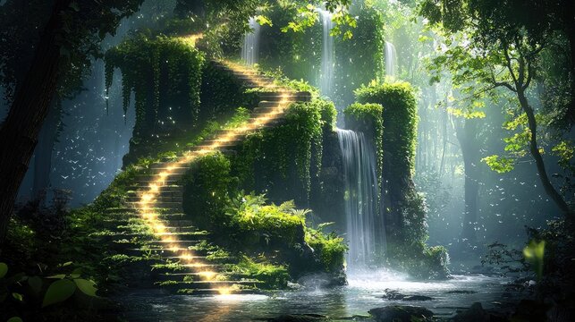 A magical staircase ascends through a vibrant, overgrown forest, illuminated by glowing steps, with a cascading waterfall nearby.
