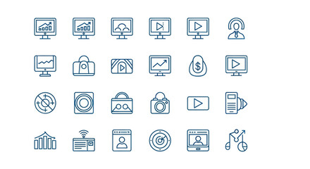 Collection of blue linear icons on white background for various applications